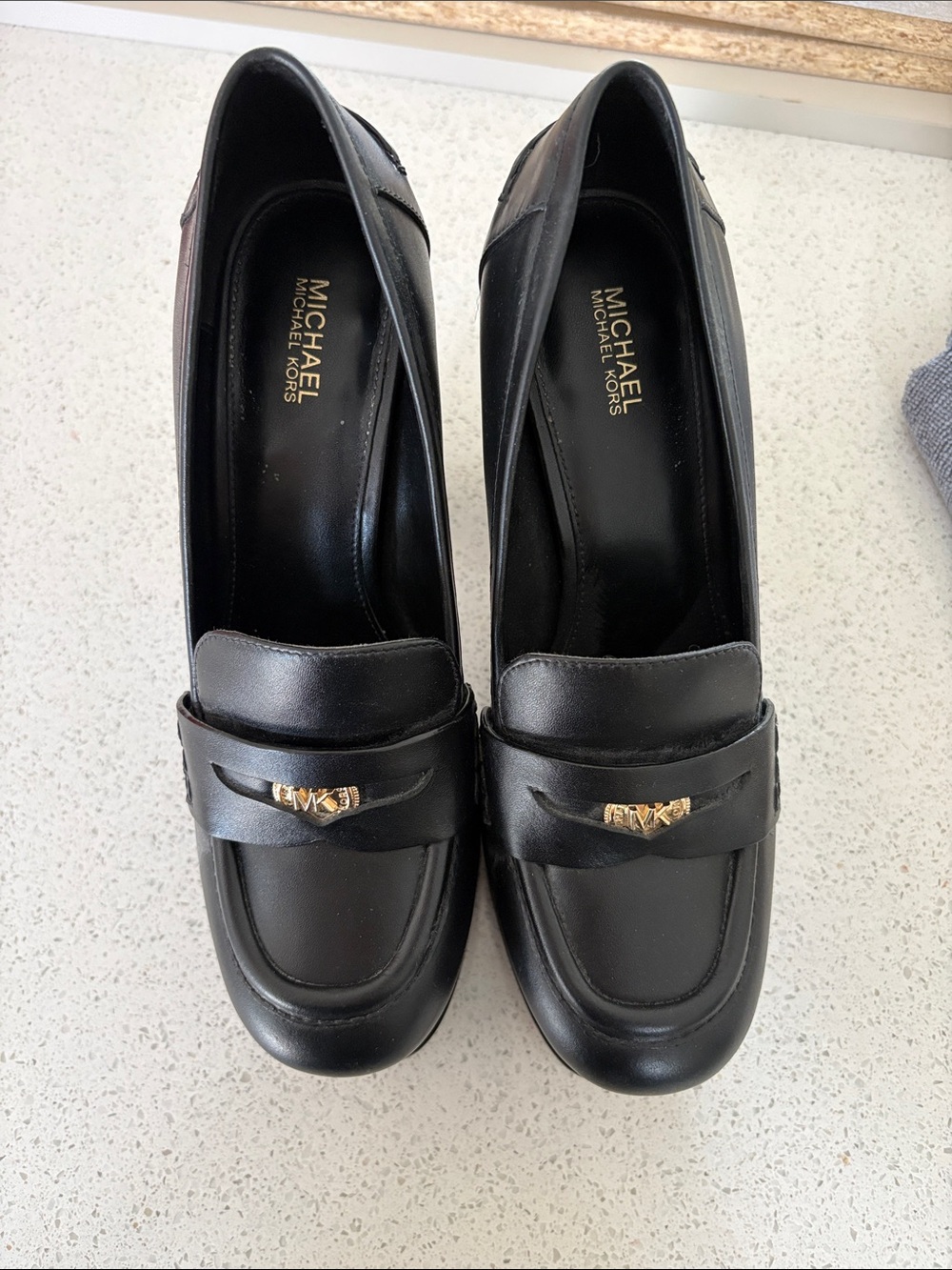 Michael Kors Black Leather Penny Loafers with Gold Logo Accent